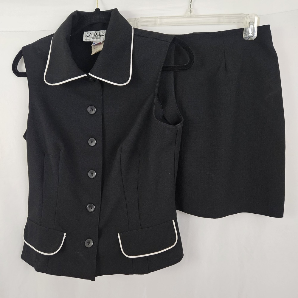 Vintage Y2K La Belle Juniors 11 Black Sleeveless Blazer Skirt Suit 90's Preppy